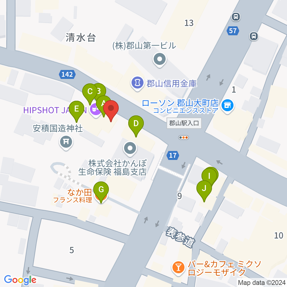 郡山ヒップショット周辺のファミレス・ファーストフード一覧地図