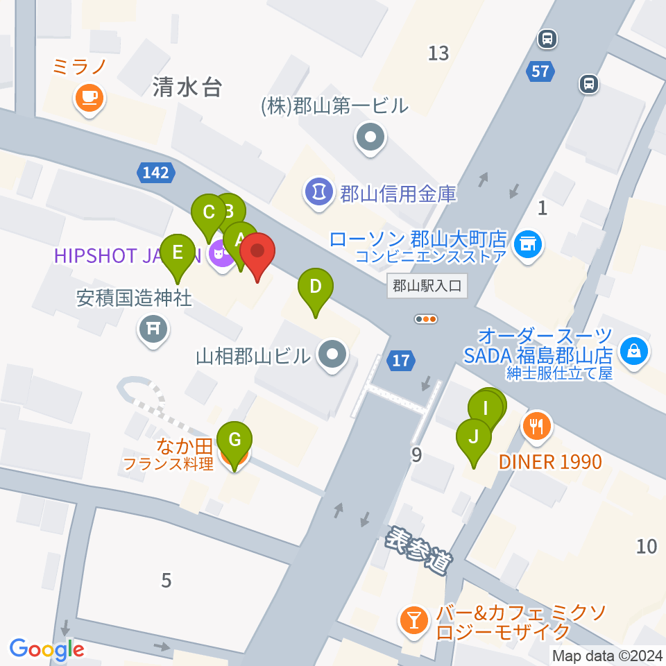 郡山ヒップショット周辺のファミレス・ファーストフード一覧地図