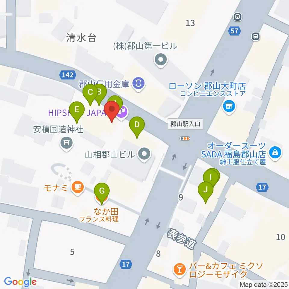 郡山ヒップショット周辺のファミレス・ファーストフード一覧地図