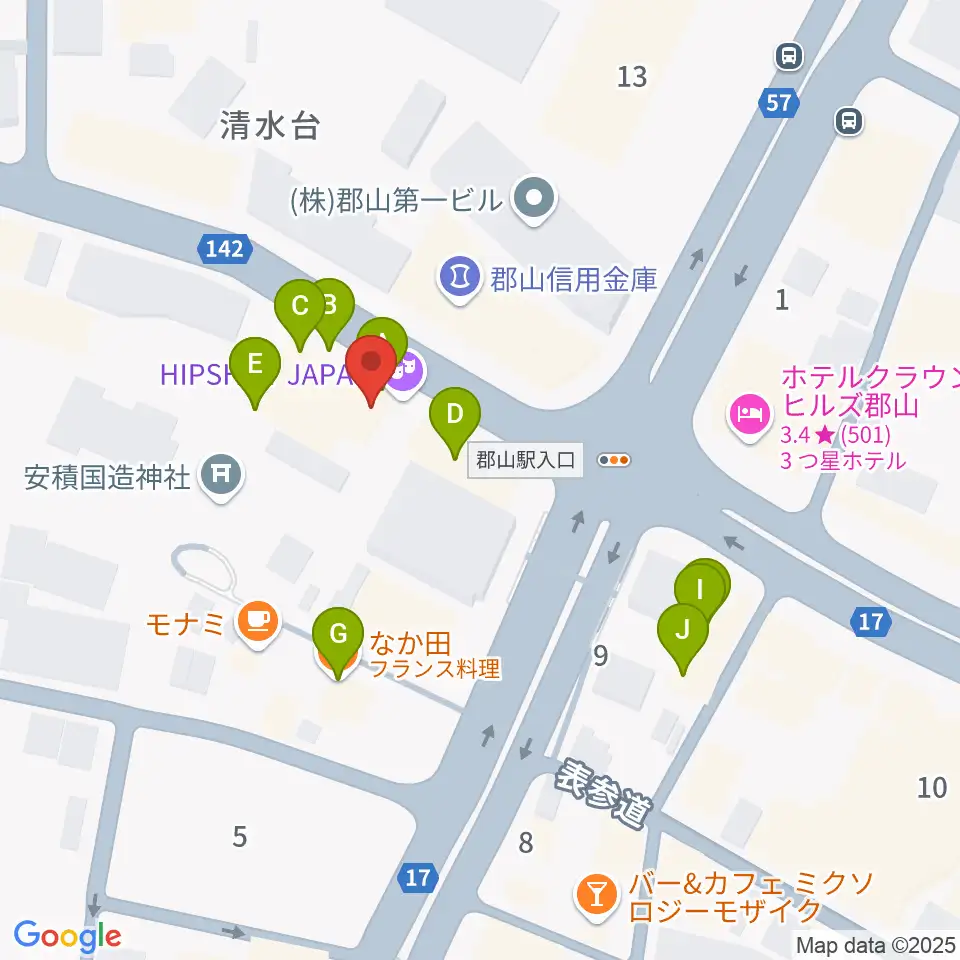 郡山ヒップショット周辺のファミレス・ファーストフード一覧地図
