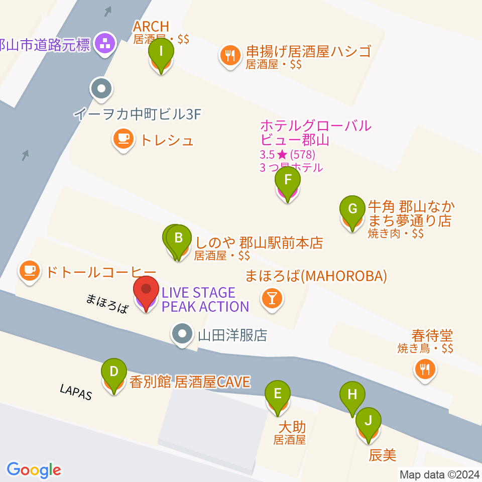 郡山PEAK ACTION周辺のファミレス・ファーストフード一覧地図