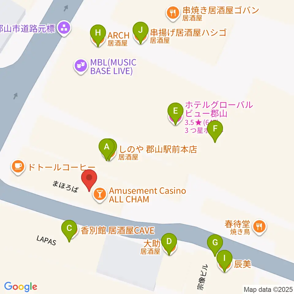 郡山PEAK ACTION周辺のファミレス・ファーストフード一覧地図