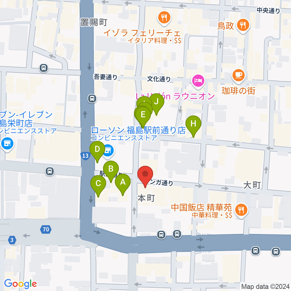 福島 CLUB NEO周辺のファミレス・ファーストフード一覧地図