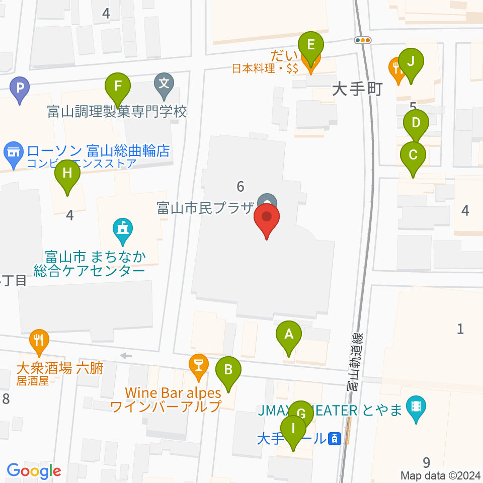 富山市民プラザ周辺のファミレス・ファーストフード一覧地図