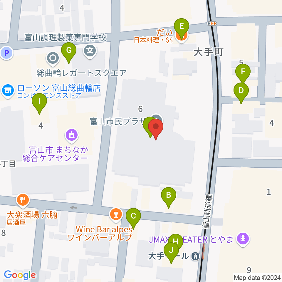 富山市民プラザ周辺のファミレス・ファーストフード一覧地図