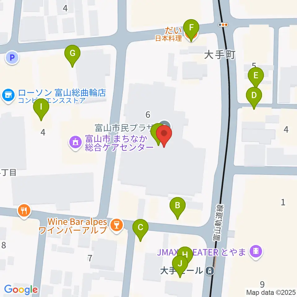 富山市民プラザ周辺のファミレス・ファーストフード一覧地図