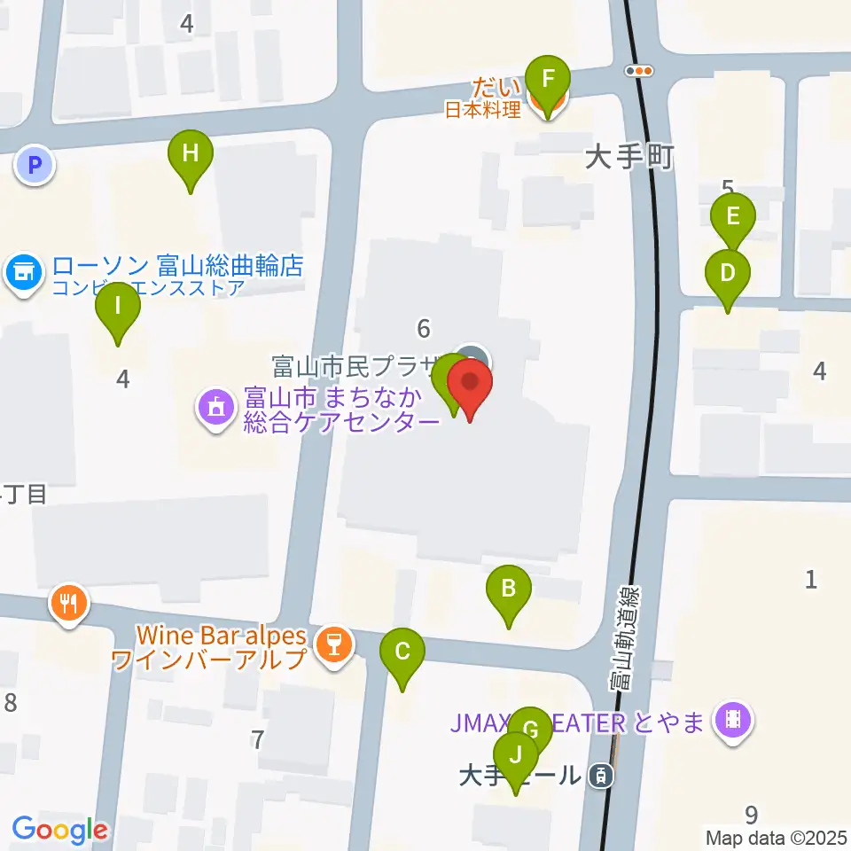 富山市民プラザ周辺のファミレス・ファーストフード一覧地図