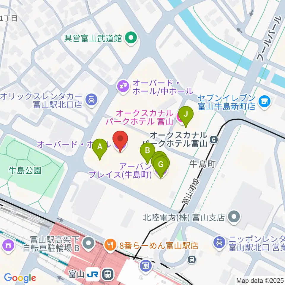 オーバード・ホール周辺のファミレス・ファーストフード一覧地図