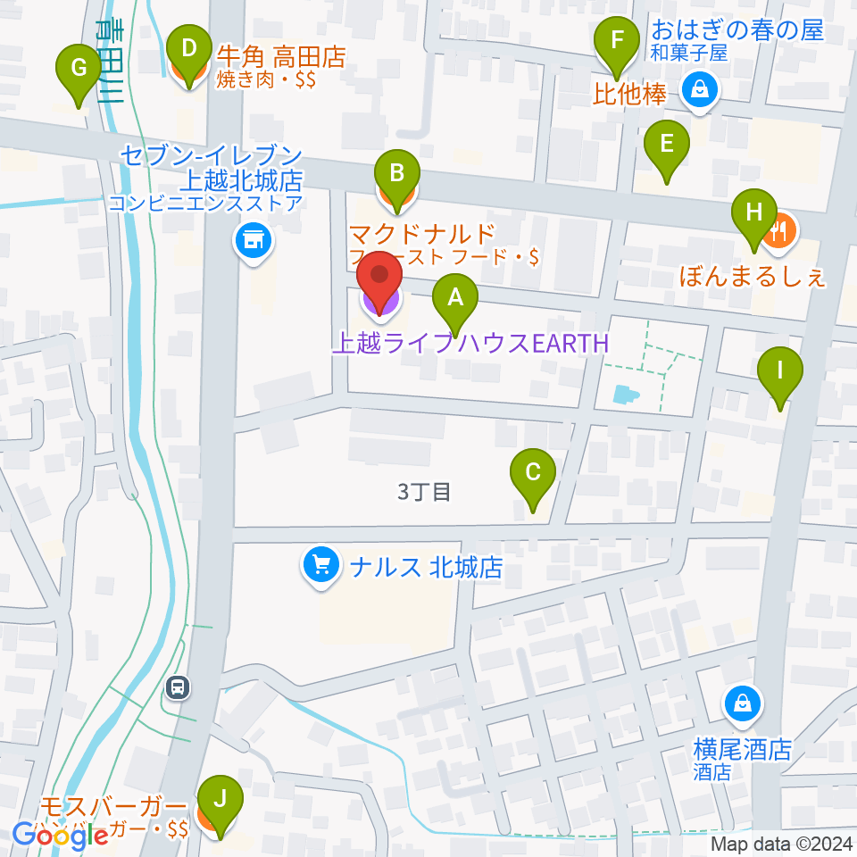 上越EARTH周辺のファミレス・ファーストフード一覧地図