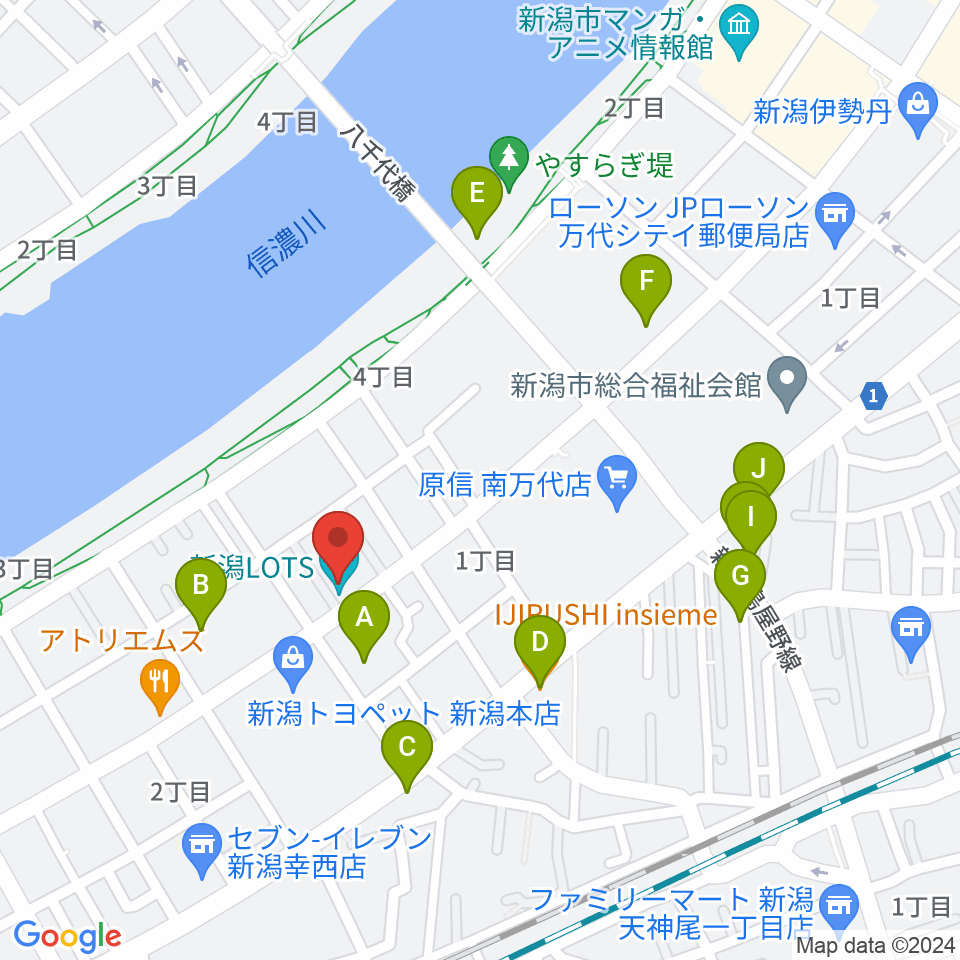 新潟LOTS周辺のファミレス・ファーストフード一覧地図