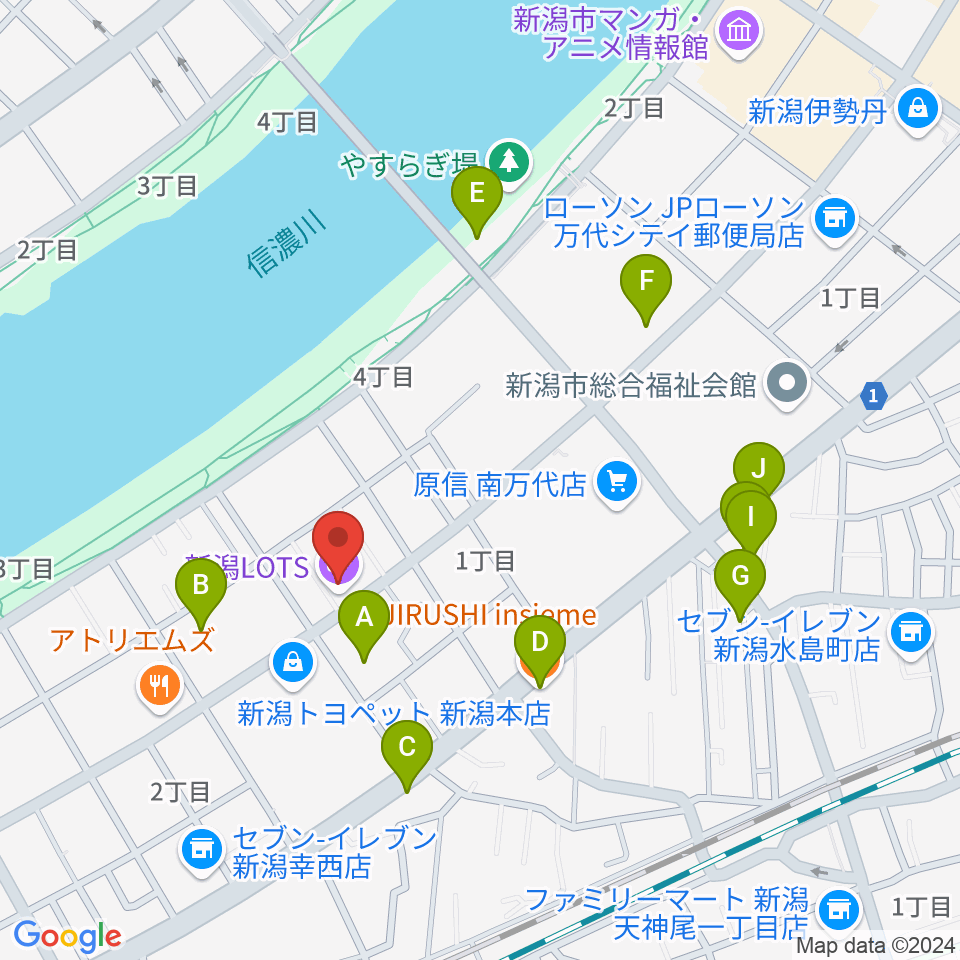 新潟LOTS周辺のファミレス・ファーストフード一覧地図