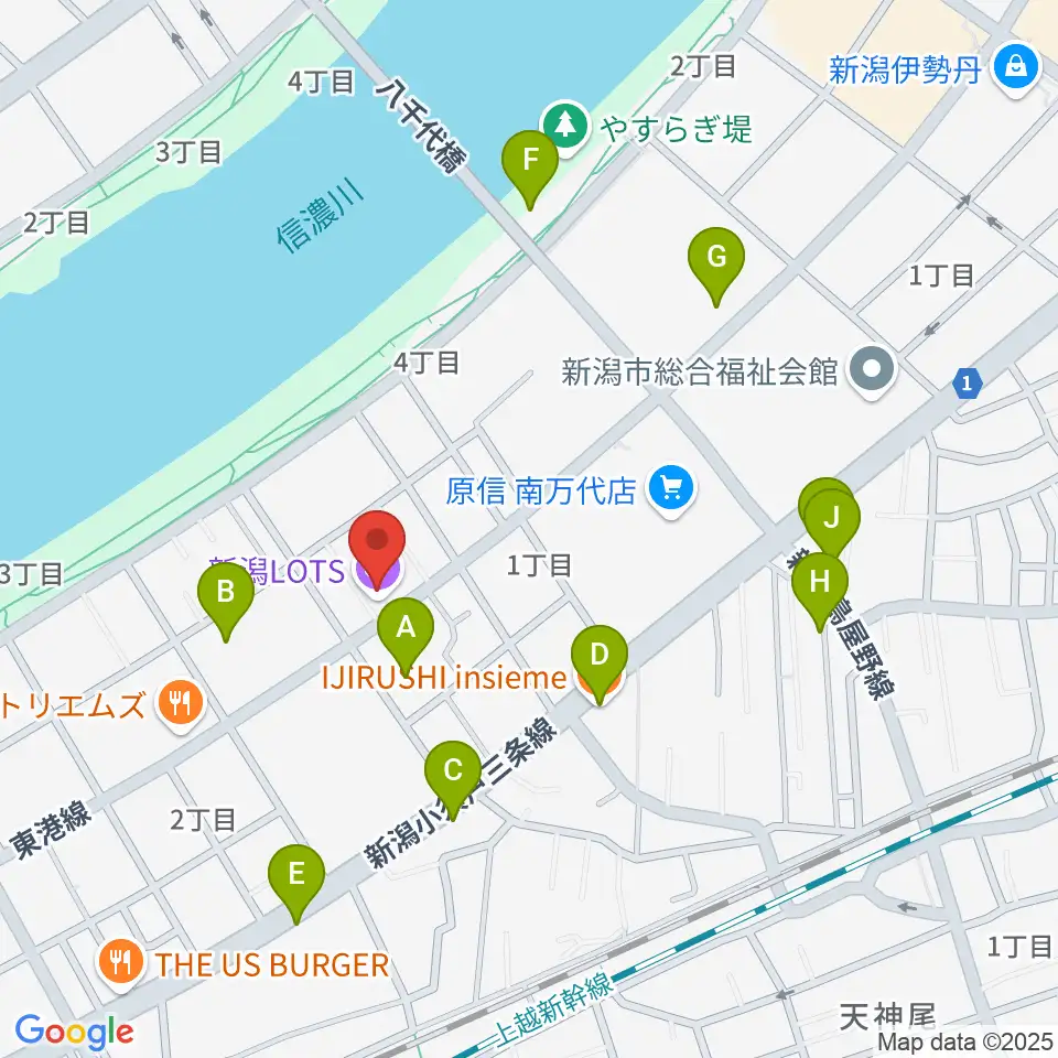 新潟LOTS周辺のファミレス・ファーストフード一覧地図