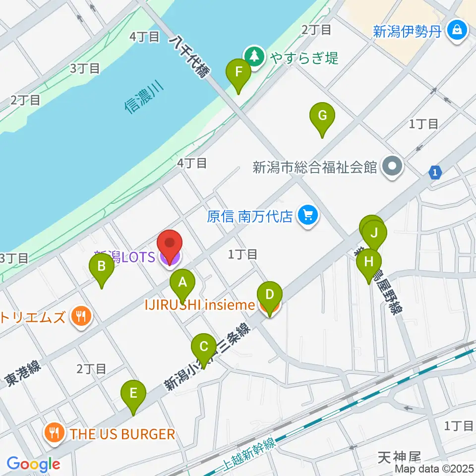 新潟LOTS周辺のファミレス・ファーストフード一覧地図