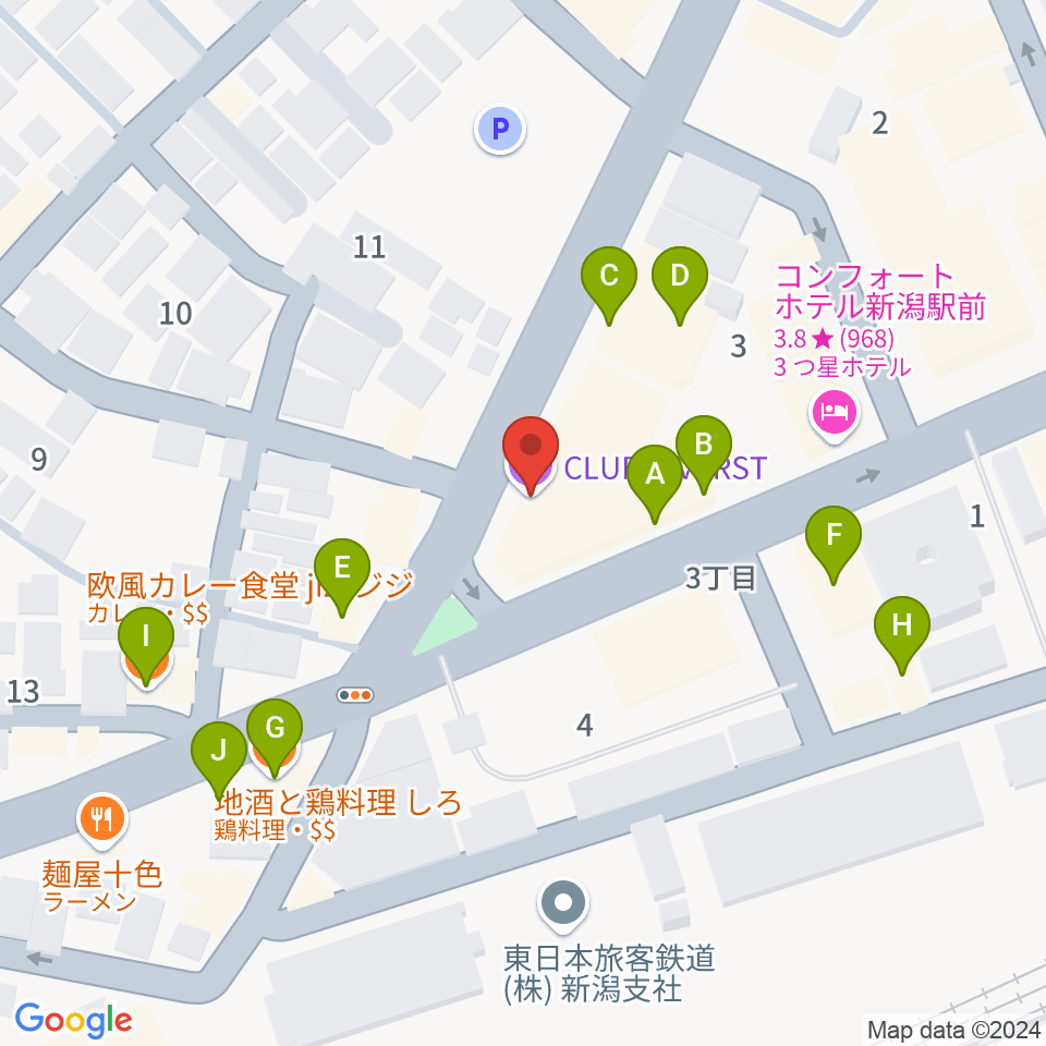 新潟CLUB RIVERST周辺のファミレス・ファーストフード一覧地図