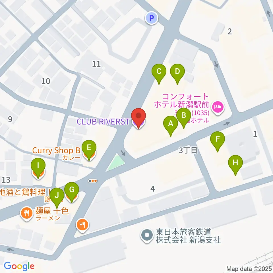 新潟CLUB RIVERST周辺のファミレス・ファーストフード一覧地図