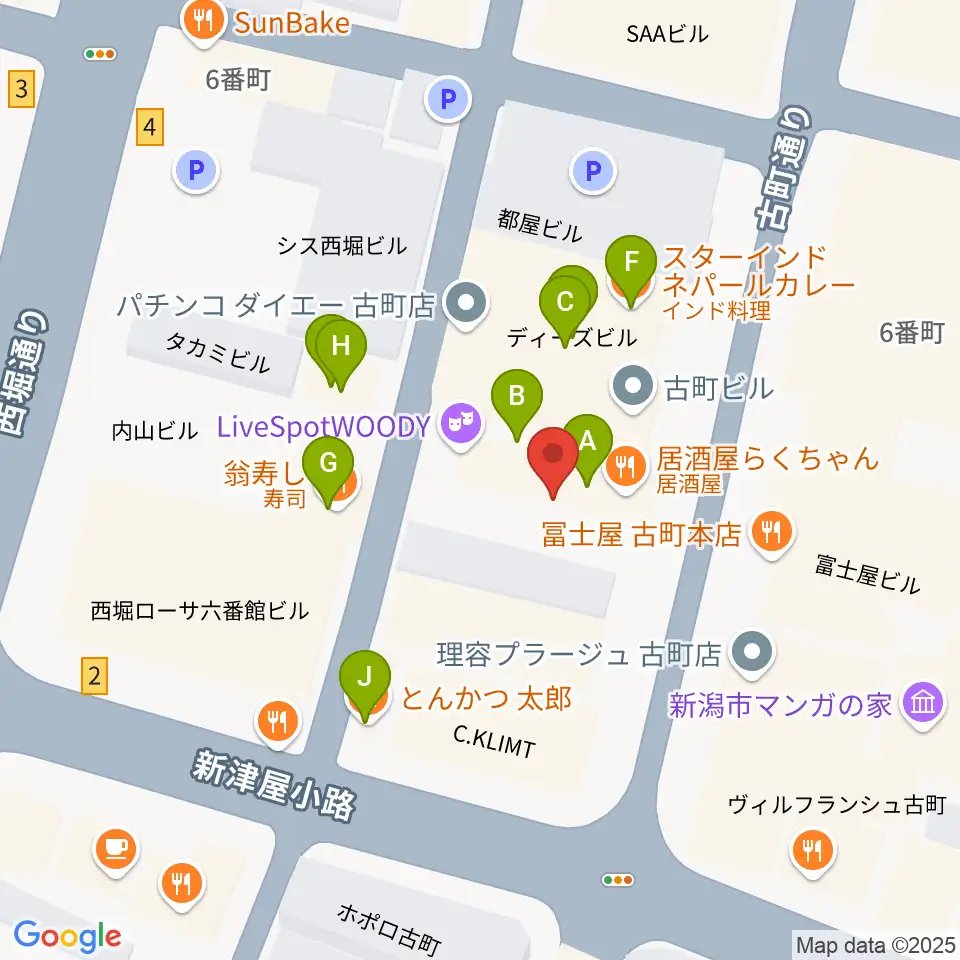 新潟WOODY周辺のファミレス・ファーストフード一覧地図