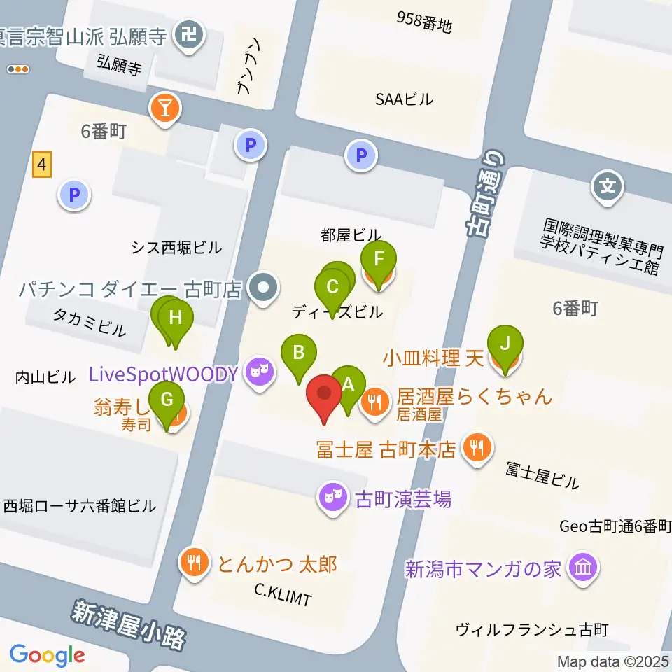新潟WOODY周辺のファミレス・ファーストフード一覧地図