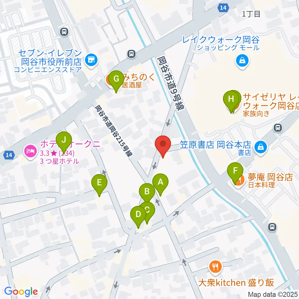 岡谷ファイブペニーズ周辺のファミレス・ファーストフード一覧地図