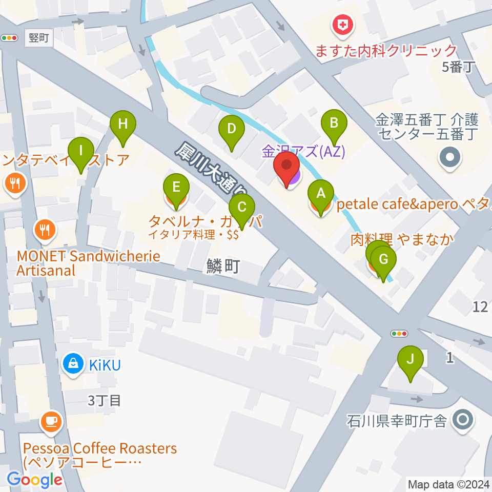 金沢AZ周辺のファミレス・ファーストフード一覧地図