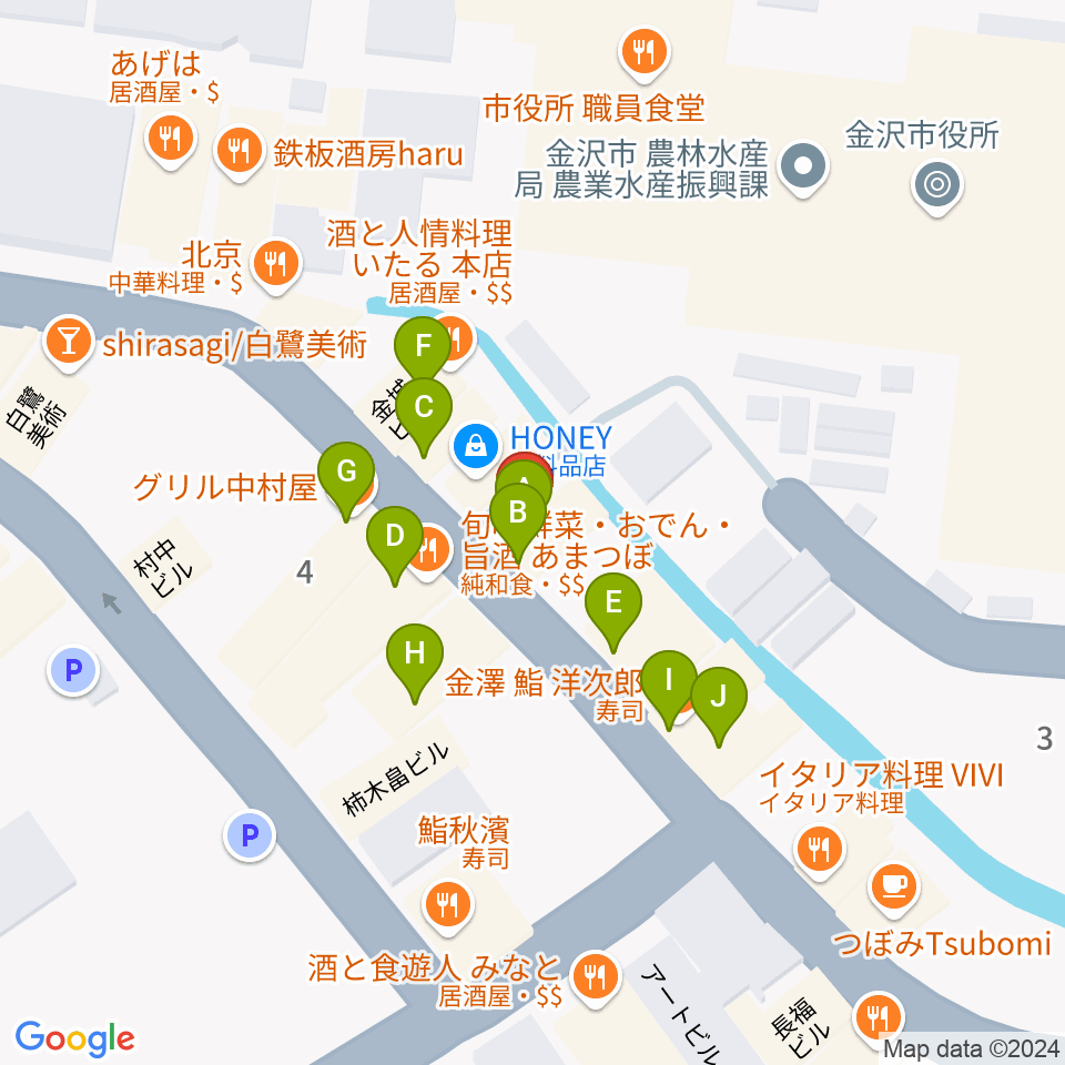 金沢もっきりや周辺のファミレス・ファーストフード一覧地図