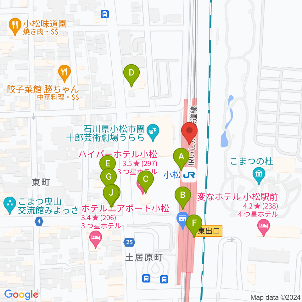 小松市民交流プラザ The MAT'S周辺のファミレス・ファーストフード一覧地図