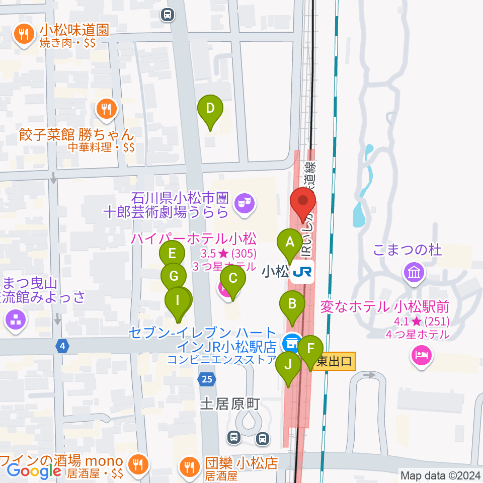 小松市民交流プラザ The MAT'S周辺のファミレス・ファーストフード一覧地図