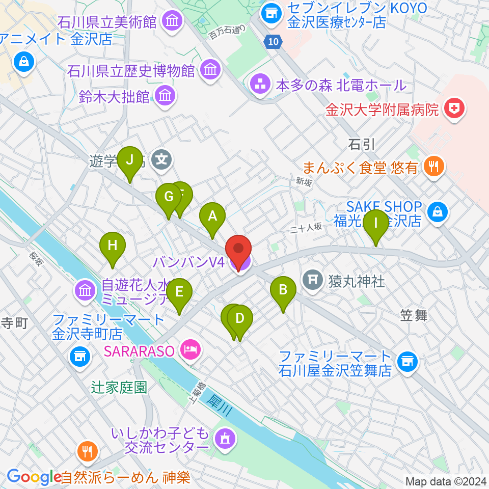 金沢vanvan V4周辺のファミレス・ファーストフード一覧地図