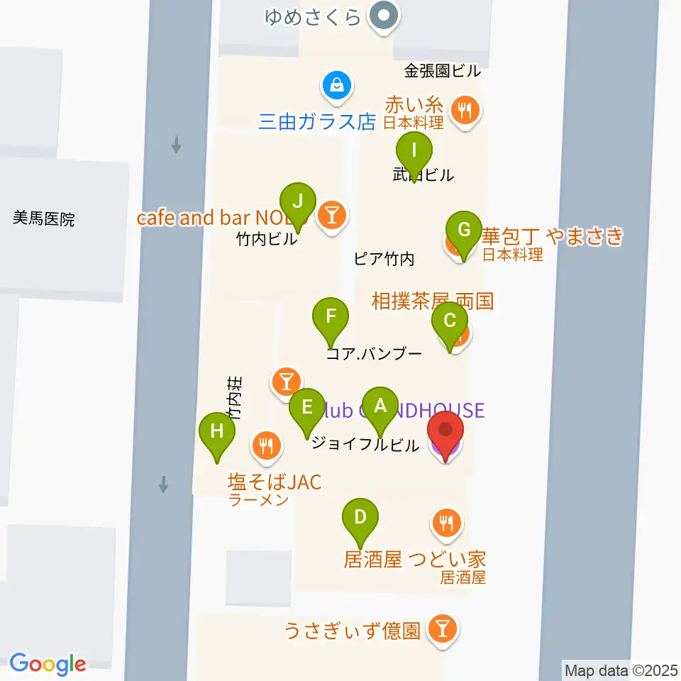 club GRINDHOUSE周辺のファミレス・ファーストフード一覧地図