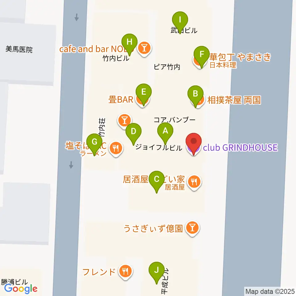 club GRINDHOUSE周辺のファミレス・ファーストフード一覧地図