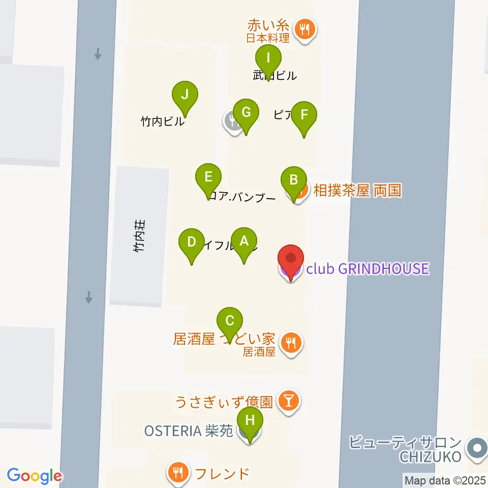 club GRINDHOUSE周辺のファミレス・ファーストフード一覧地図