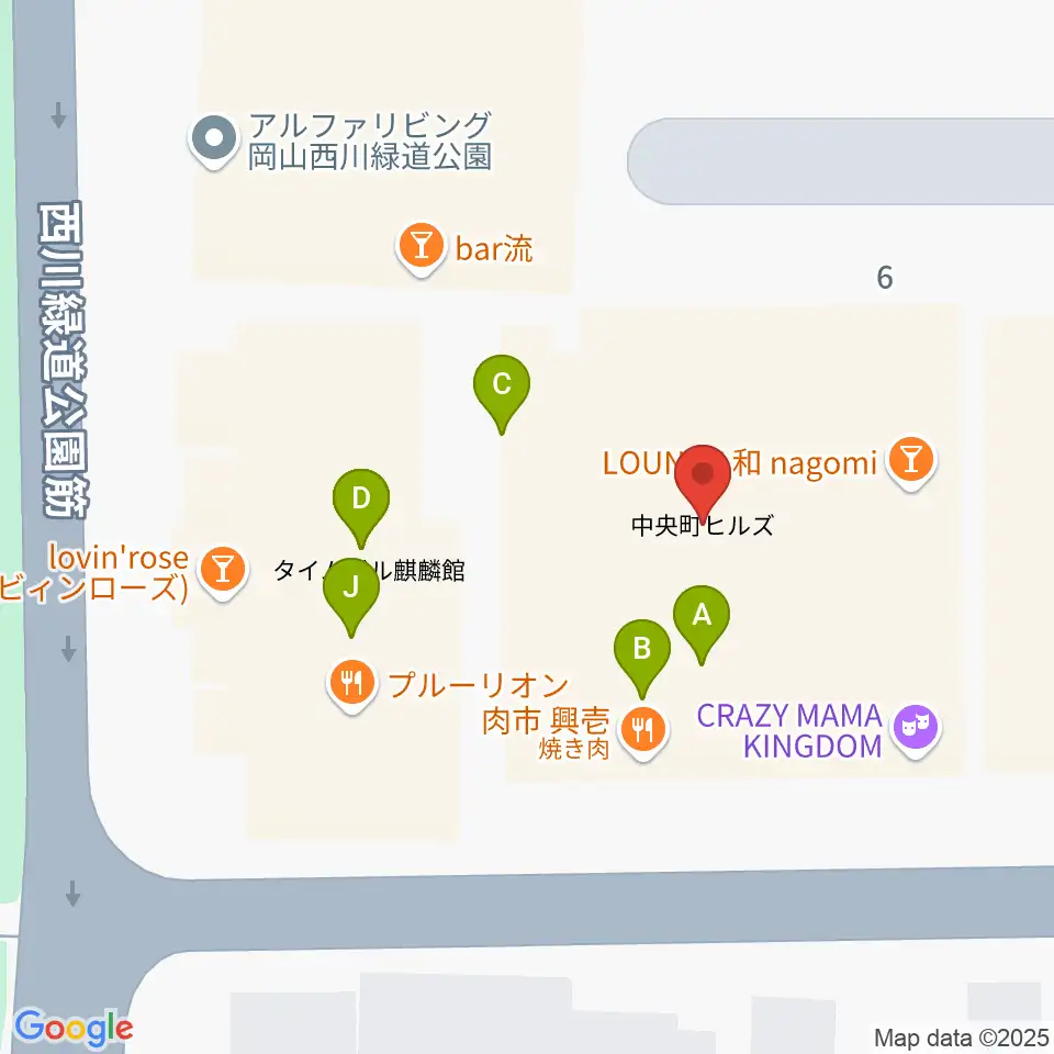 岡山クレイジーママキングダム周辺のファミレス・ファーストフード一覧地図