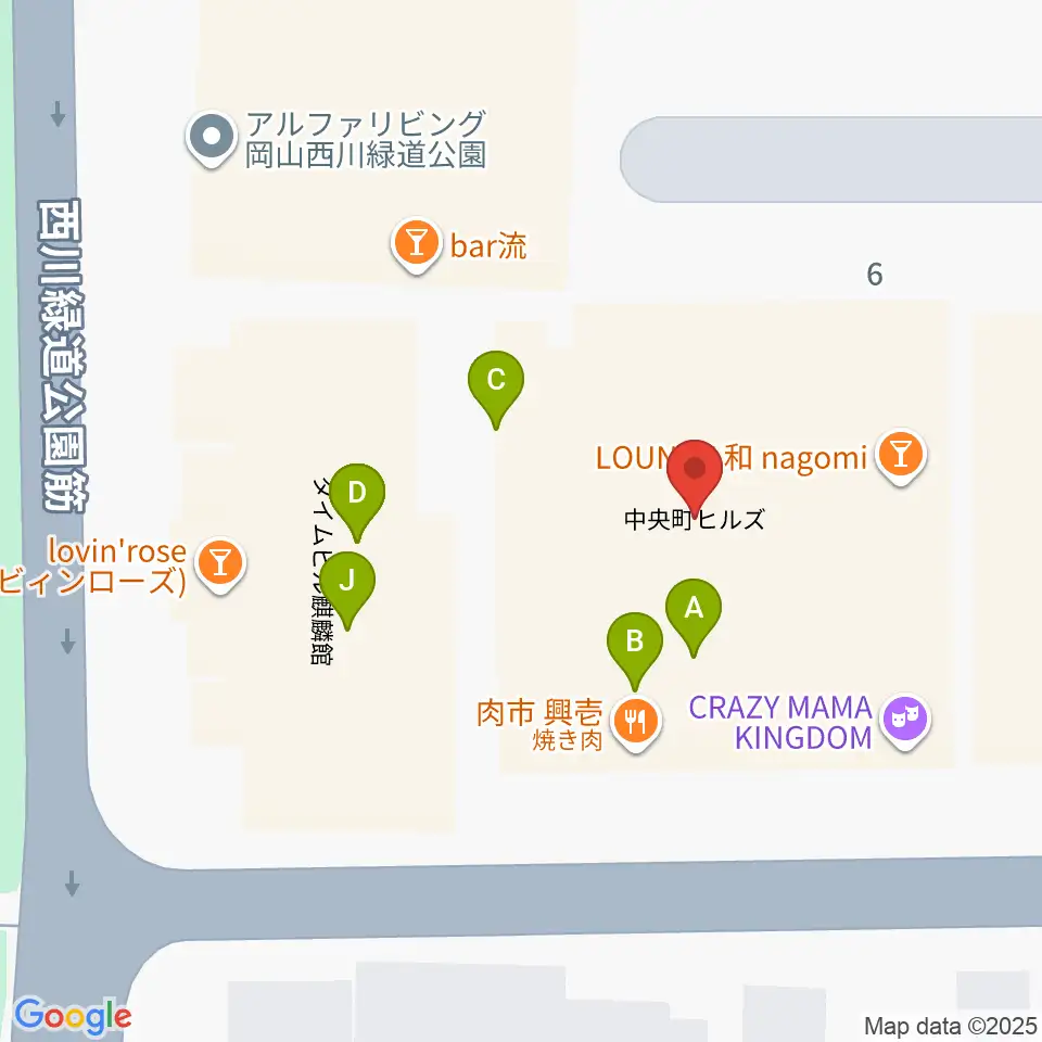 岡山クレイジーママキングダム周辺のファミレス・ファーストフード一覧地図