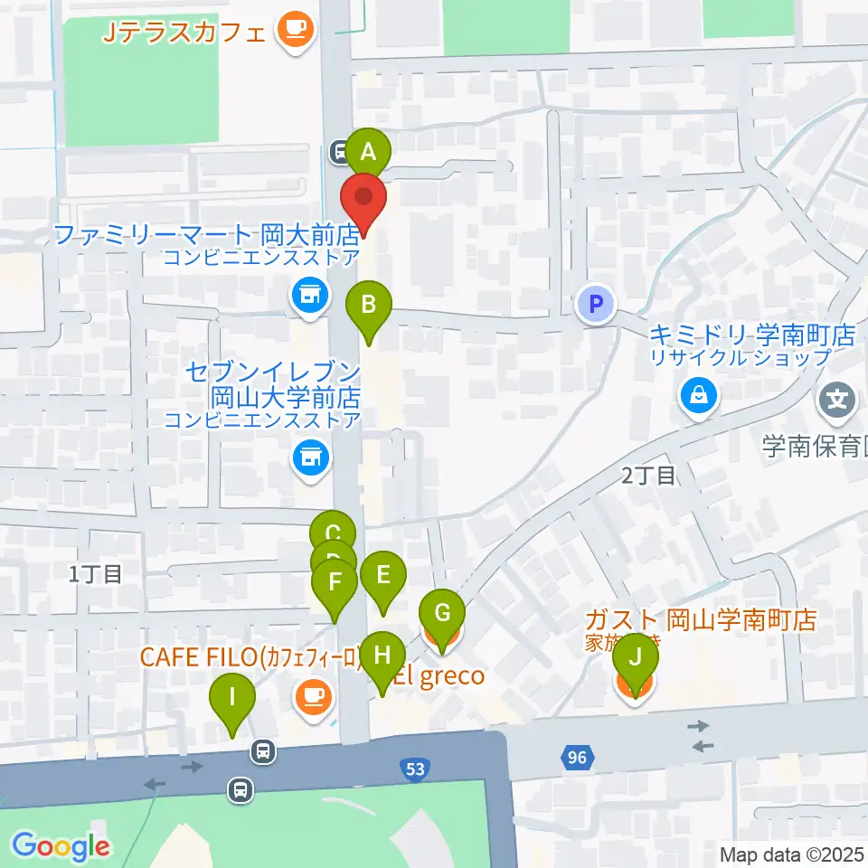 岡山ペパーランド周辺のファミレス・ファーストフード一覧地図