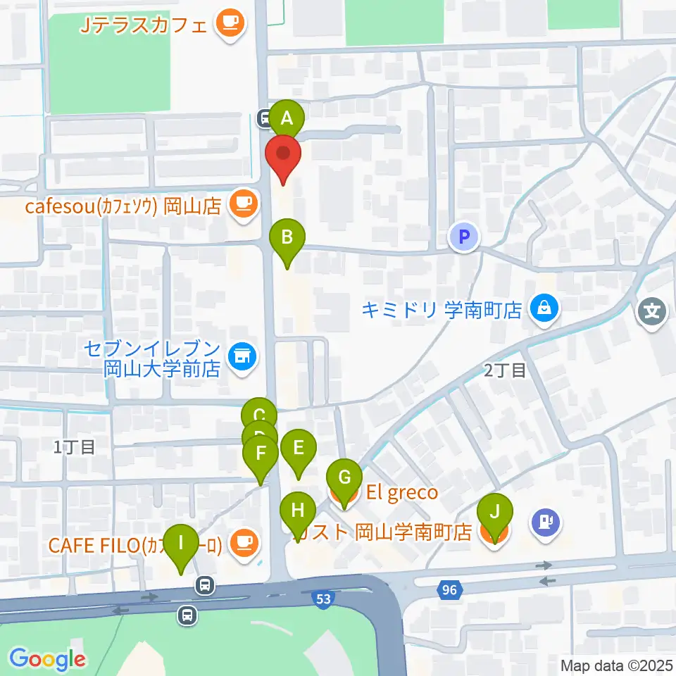 岡山ペパーランド周辺のファミレス・ファーストフード一覧地図