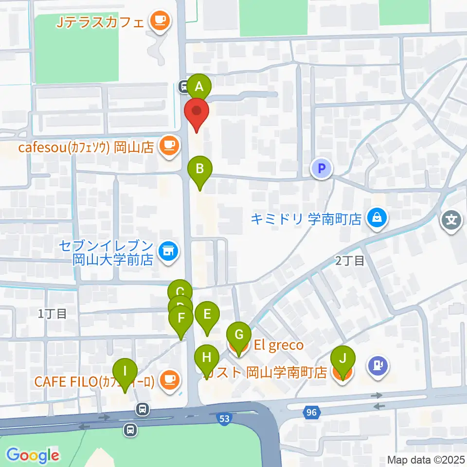 岡山ペパーランド周辺のファミレス・ファーストフード一覧地図