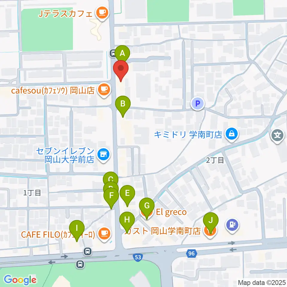岡山ペパーランド周辺のファミレス・ファーストフード一覧地図