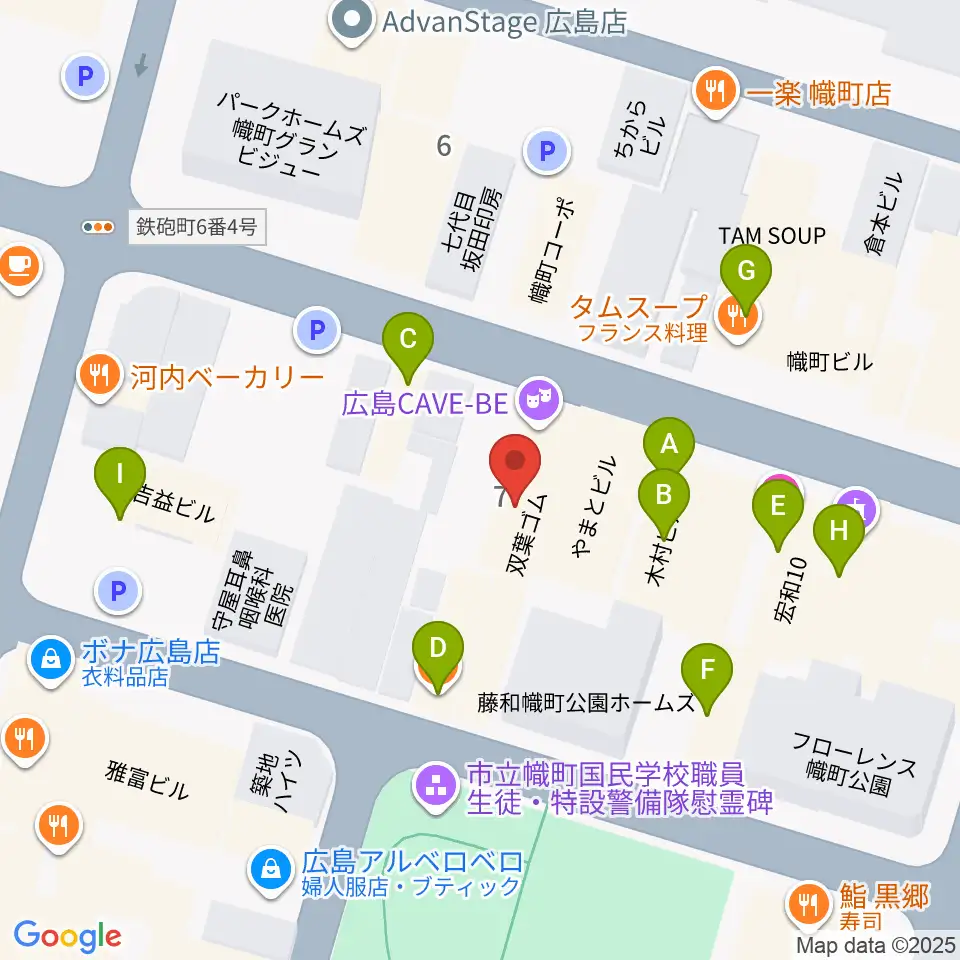 広島CAVE-BE周辺のファミレス・ファーストフード一覧地図