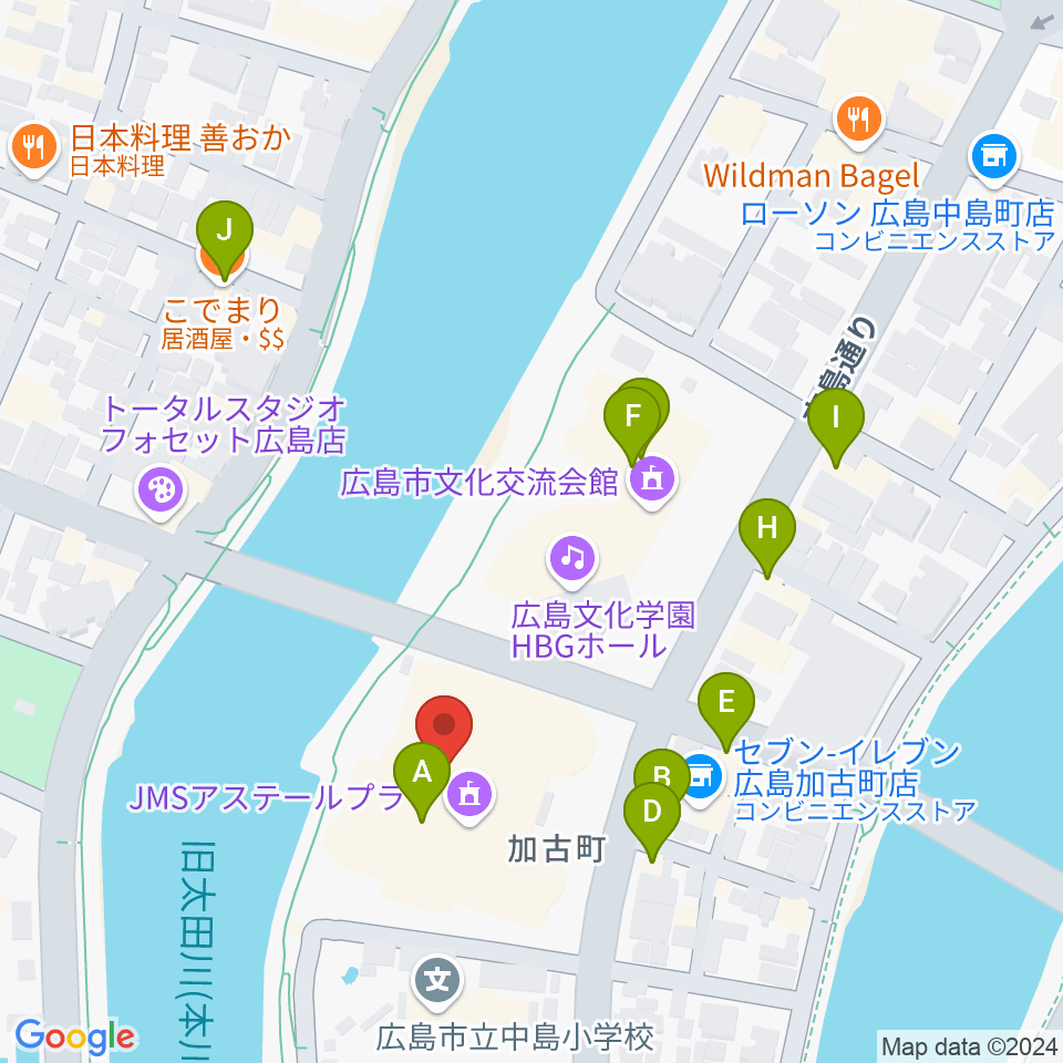 広島JMSアステールプラザ周辺のファミレス・ファーストフード一覧地図