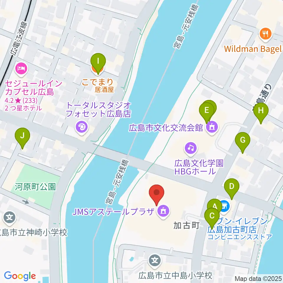 広島JMSアステールプラザ周辺のファミレス・ファーストフード一覧地図