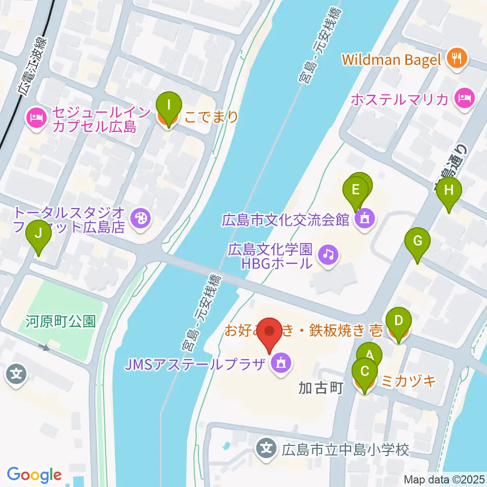 広島JMSアステールプラザ周辺のファミレス・ファーストフード一覧地図
