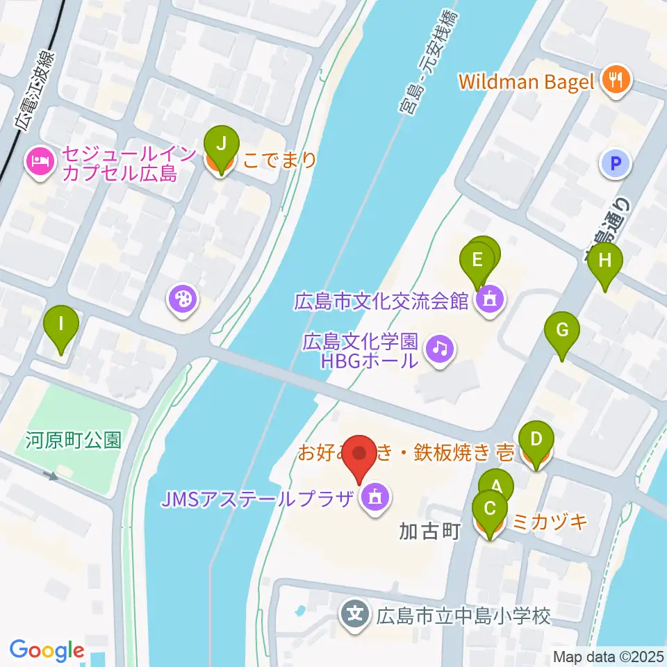 広島JMSアステールプラザ周辺のファミレス・ファーストフード一覧地図