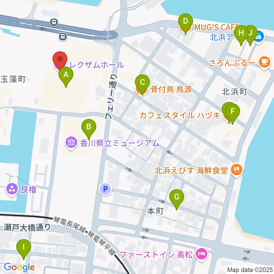 香川レクザムホール周辺のファミレス・ファーストフード一覧地図