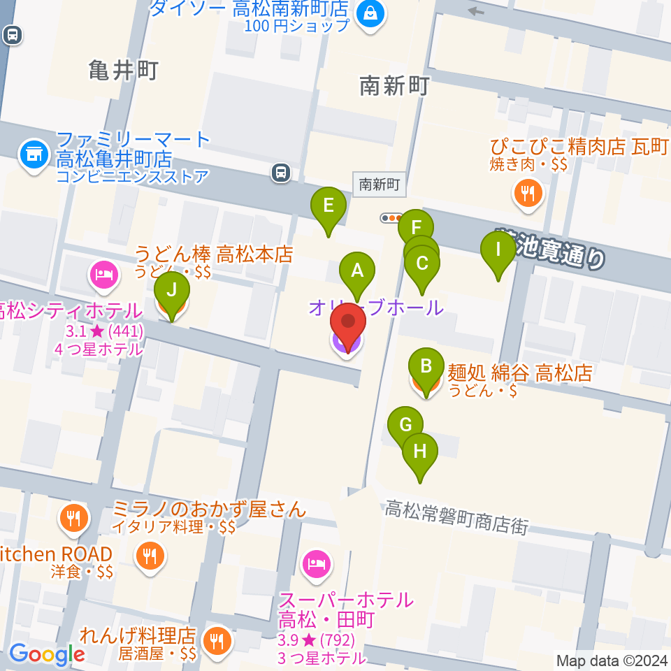 高松オリーブホール周辺のファミレス・ファーストフード一覧地図