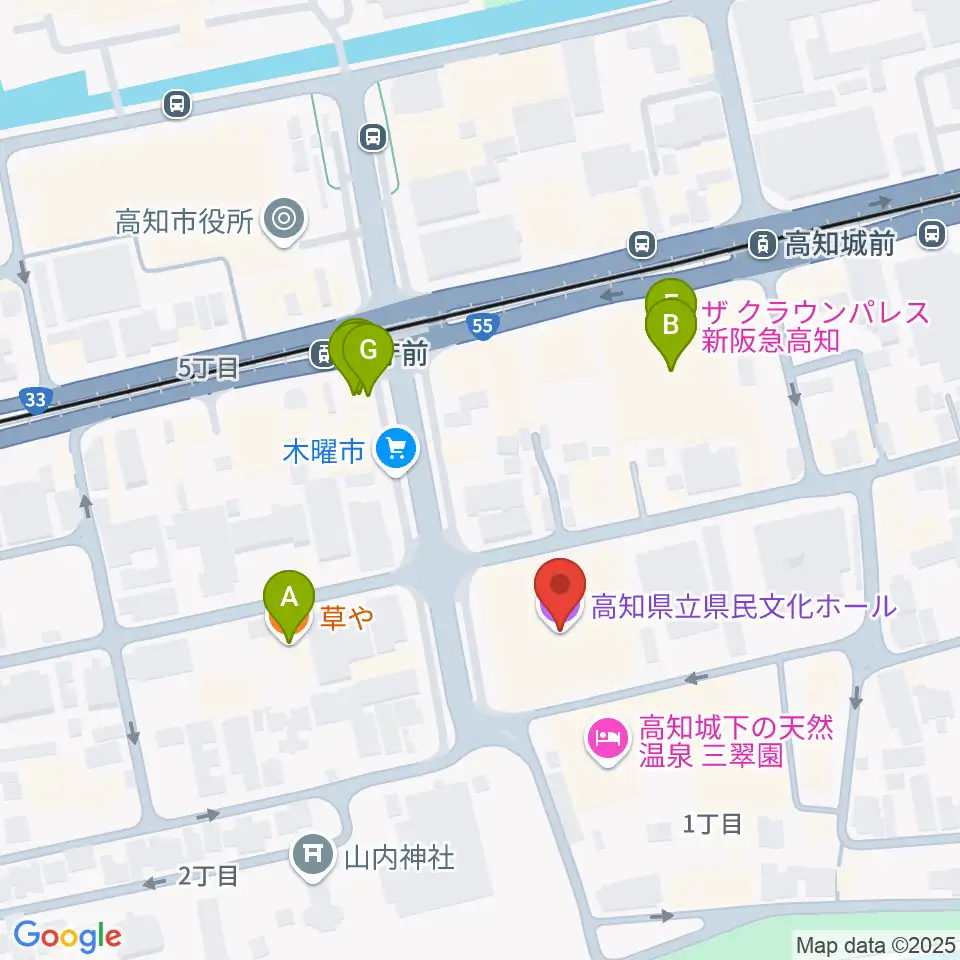 高知県立県民文化ホール周辺のファミレス・ファーストフード一覧地図