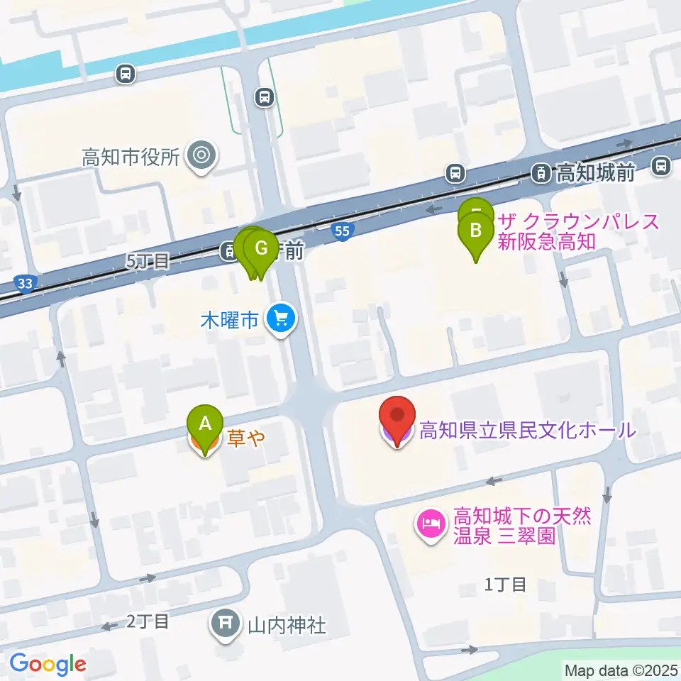 高知県立県民文化ホール周辺のファミレス・ファーストフード一覧地図