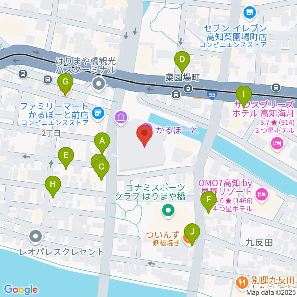 高知市文化プラザ かるぽーと周辺のファミレス・ファーストフード一覧地図