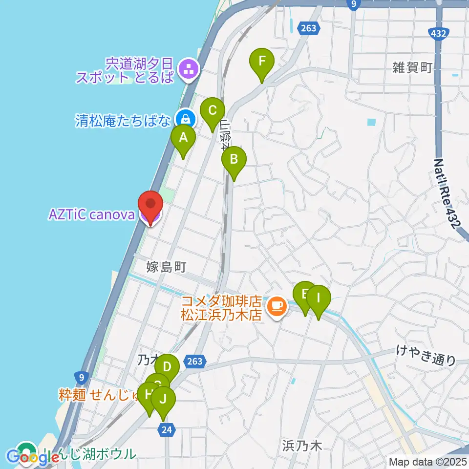 松江アズティックカノーバ周辺のファミレス・ファーストフード一覧地図