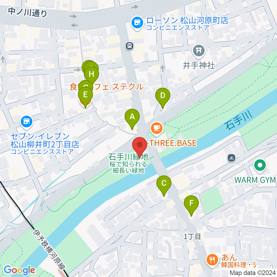 松山サロンキティ周辺のファミレス・ファーストフード一覧地図