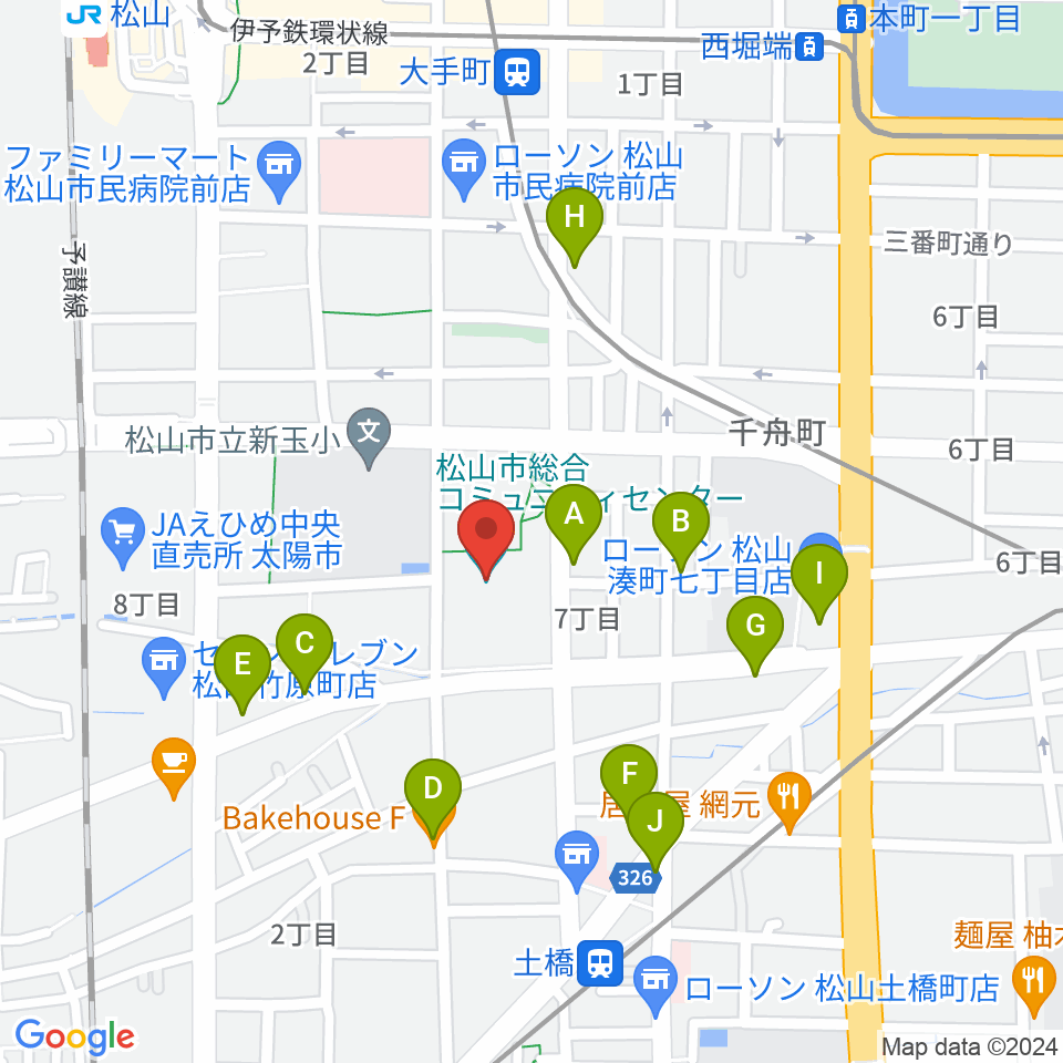 松山市総合コミュニティセンター周辺のファミレス・ファーストフード一覧地図