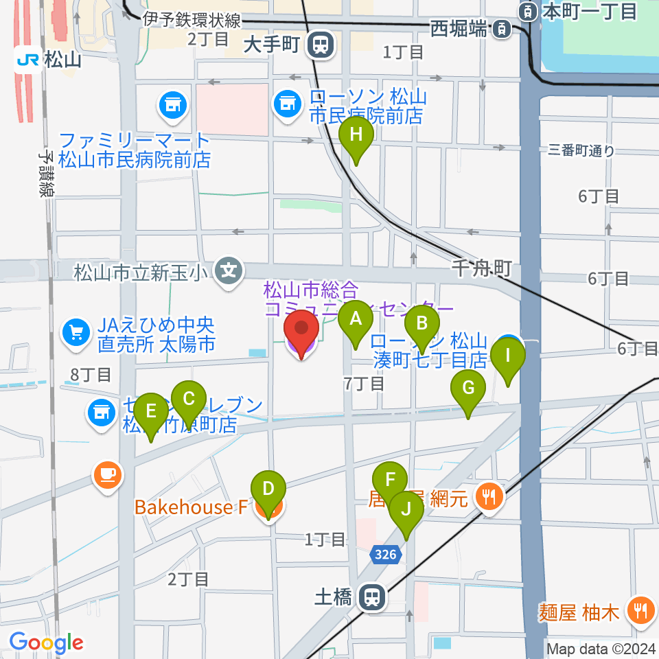 松山市総合コミュニティセンター周辺のファミレス・ファーストフード一覧地図